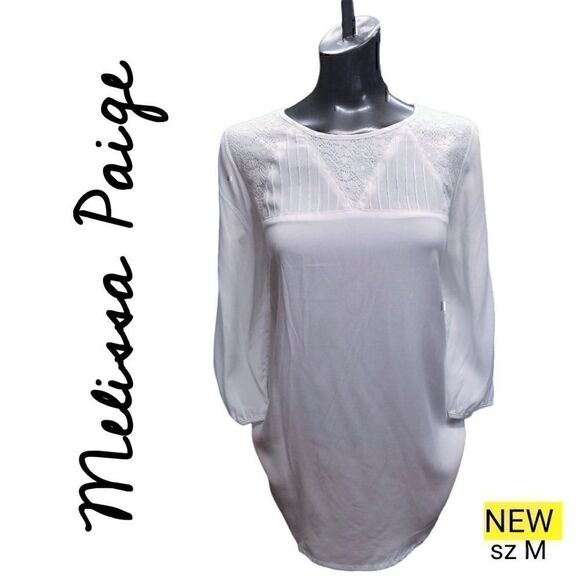 Blouse NEW! White 3/4 Sleeve Geometric Lace Detail Top - Picture 1 of 8